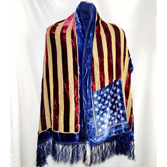 Maya Matazaro American USA Flag Silk Burnout Velvet Shawl Wrap With Fringe NWT - Picture 11 of 11